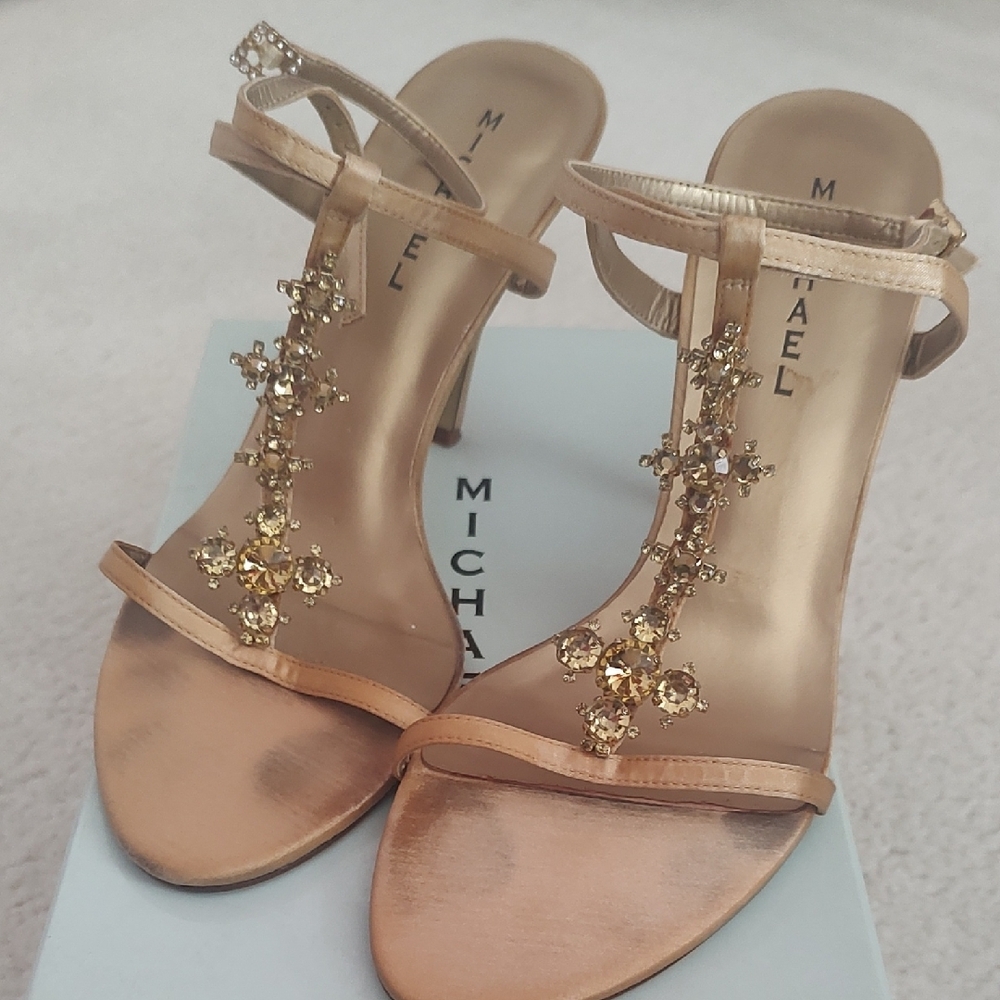 Michael Shannon Gold Heels with Crystal T-Strap
